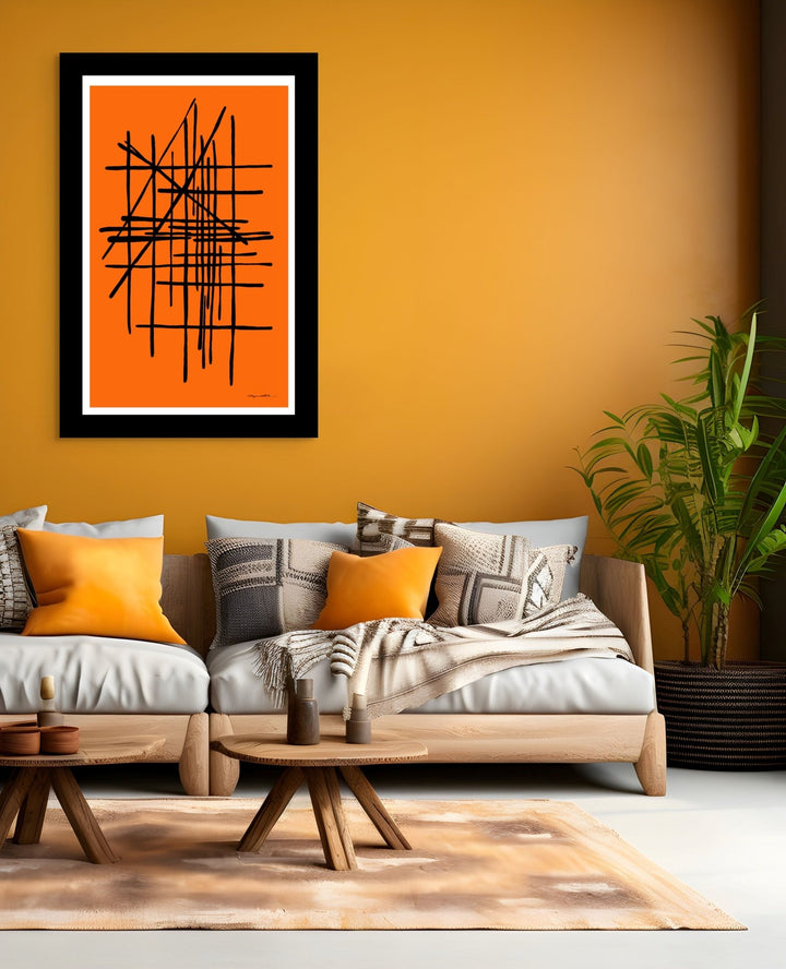 Living room with a gray sofa, orange cushions, and a modern abstract orange painting on an orange wall.