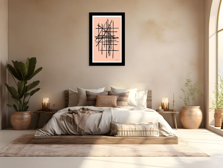 Modern bedroom with a bed, side tables, and pink abstract wall art.