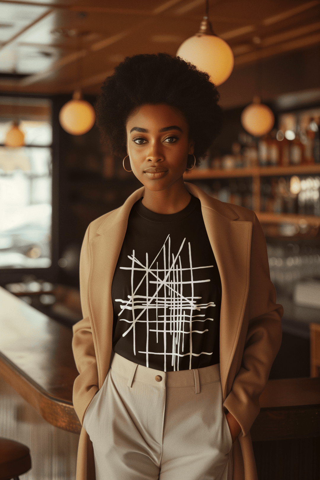 Woman wearing a black t-shirt with white geometric design in a bar setting