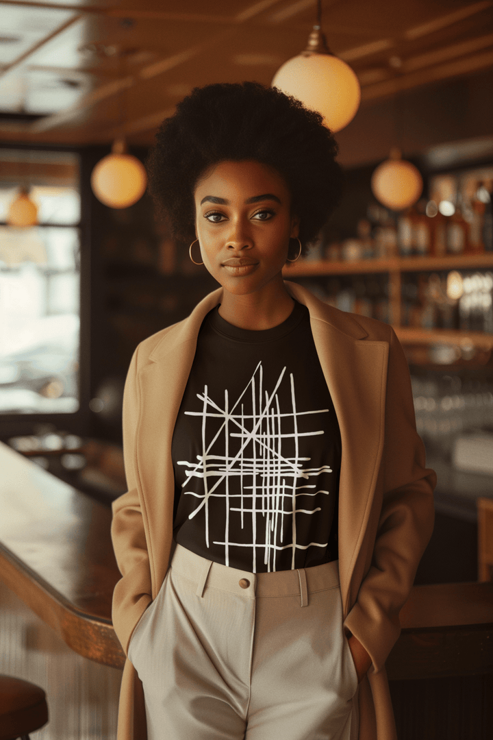 Woman wearing a black t-shirt with white geometric design in a bar setting