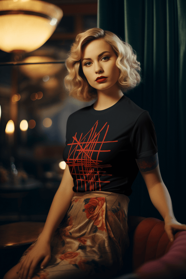 Woman wearing a black t-shirt with red graphics t-shirt and a floral skirt in a dimly lit room.