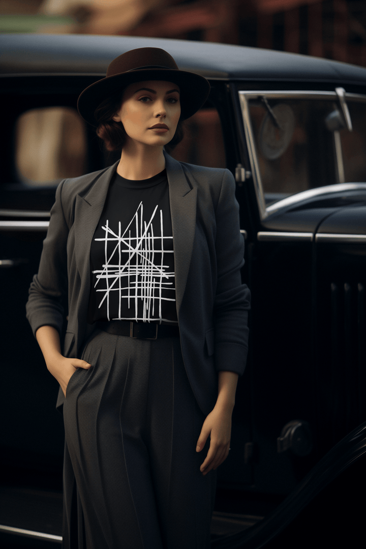 Woman in a vintage outfit standing next to an old car wearing an abstract designed t-shirt