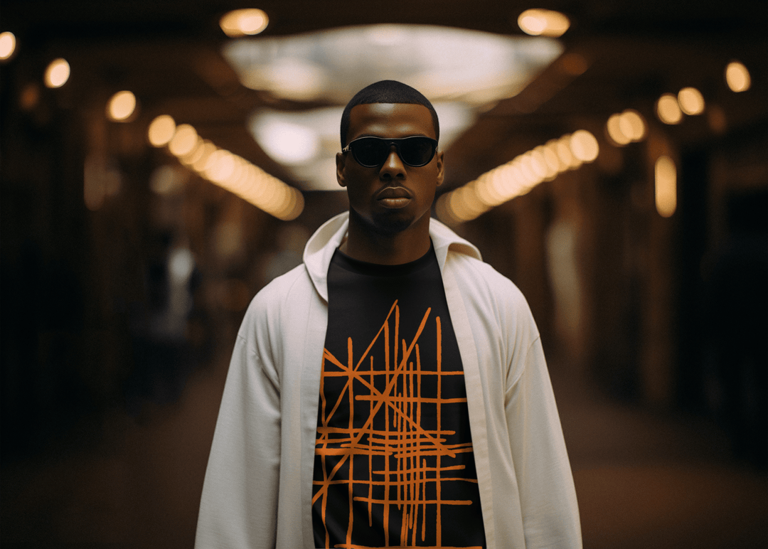 Man wearing sunglasses and a black abstract t-shirt with orange design in a blurred indoor setting
