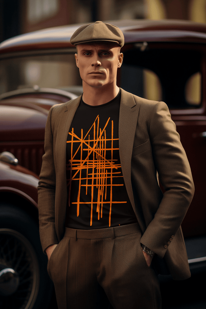 Man in a brown suit and flat cap wearing black abstract designed t-shirt standing in front of an vintage car