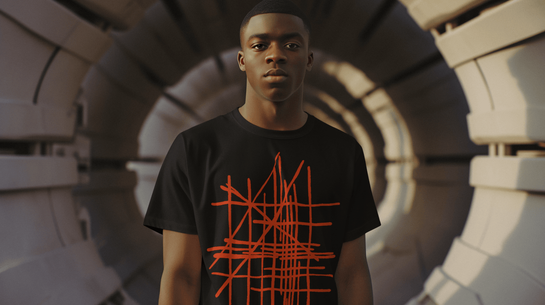 man wearing a black t-shirt with red geometric design in a futuristic tunnel setting