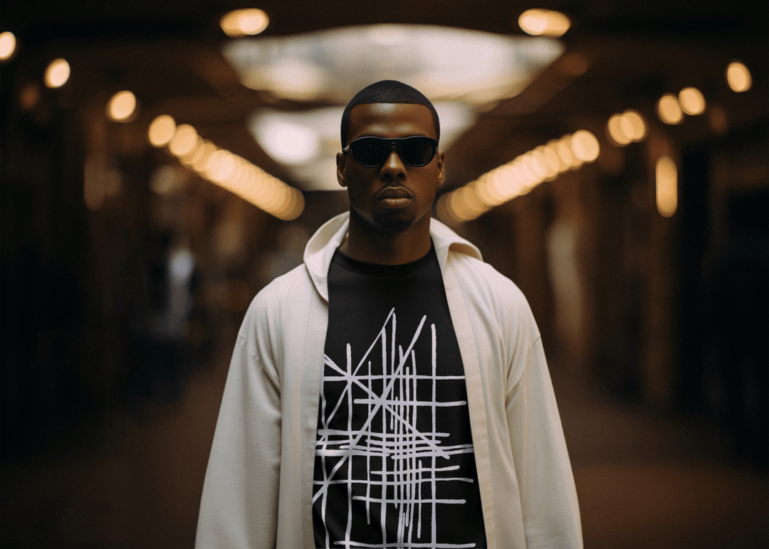 Man wearing sunglasses and a black  abstract designed t-shirt with white design in an indoor setting with blurred lights.