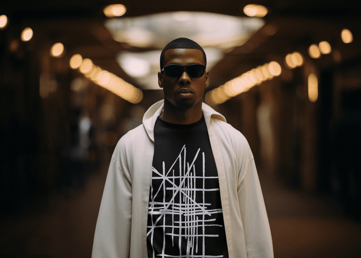Man wearing sunglasses and a black  abstract designed t-shirt with white design in an indoor setting with blurred lights.