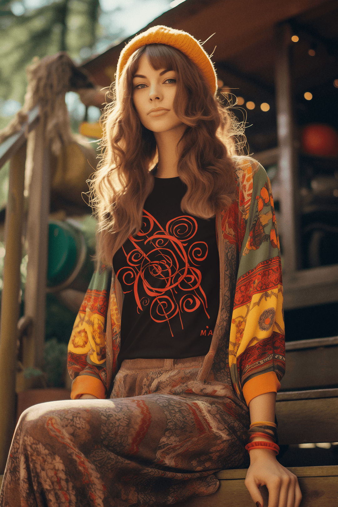 A young woman in a yellow beanie sits on outdoor steps, wearing a colorful bohemian outfit paired with the Trend - Abstract T-Shirt from Miamiabstract.com. She gazes calmly at the camera with a relaxed expression.