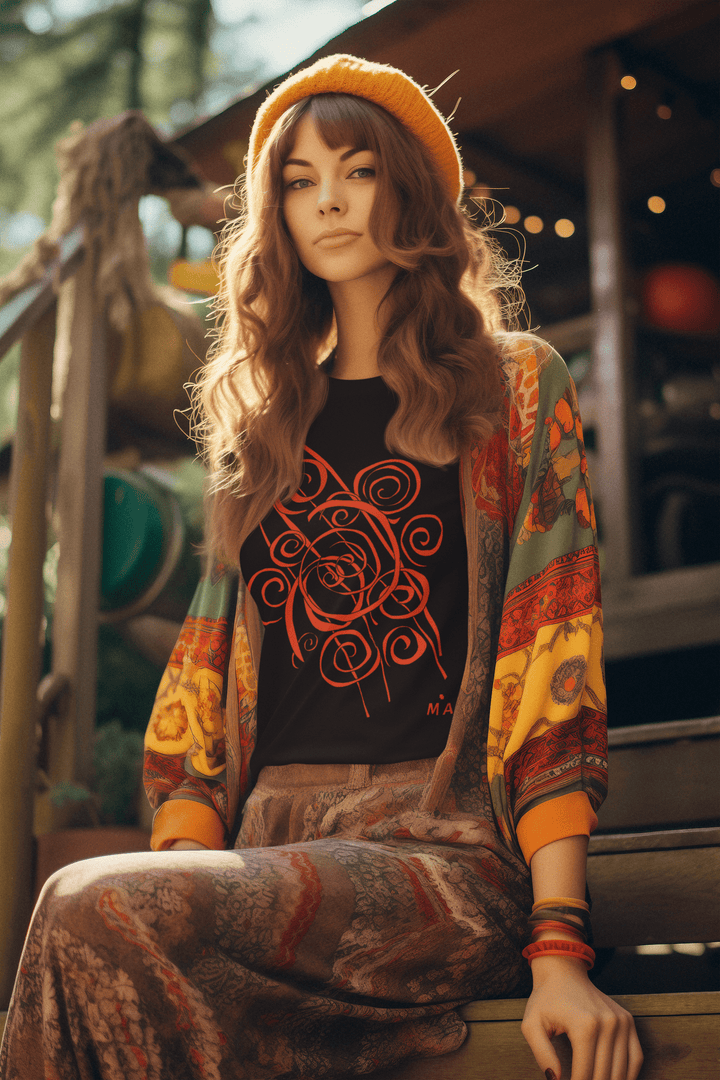 A young woman in a yellow beanie sits on outdoor steps, wearing a colorful bohemian outfit paired with the Trend - Abstract T-Shirt from Miamiabstract.com. She gazes calmly at the camera with a relaxed expression.