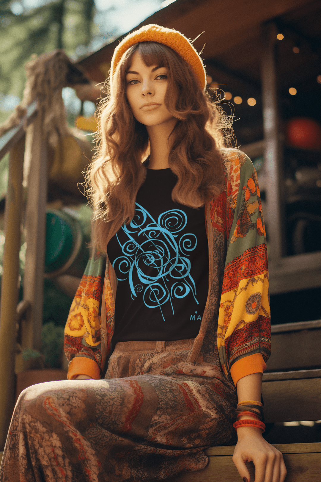 A woman with long wavy hair, in a yellow knit hat, patterned cardigan, and long skirt, sits calmly outdoors. She's wearing the Trend - Abstract T-Shirt by Miamiabstract.com, featuring a blue abstract swirl print.