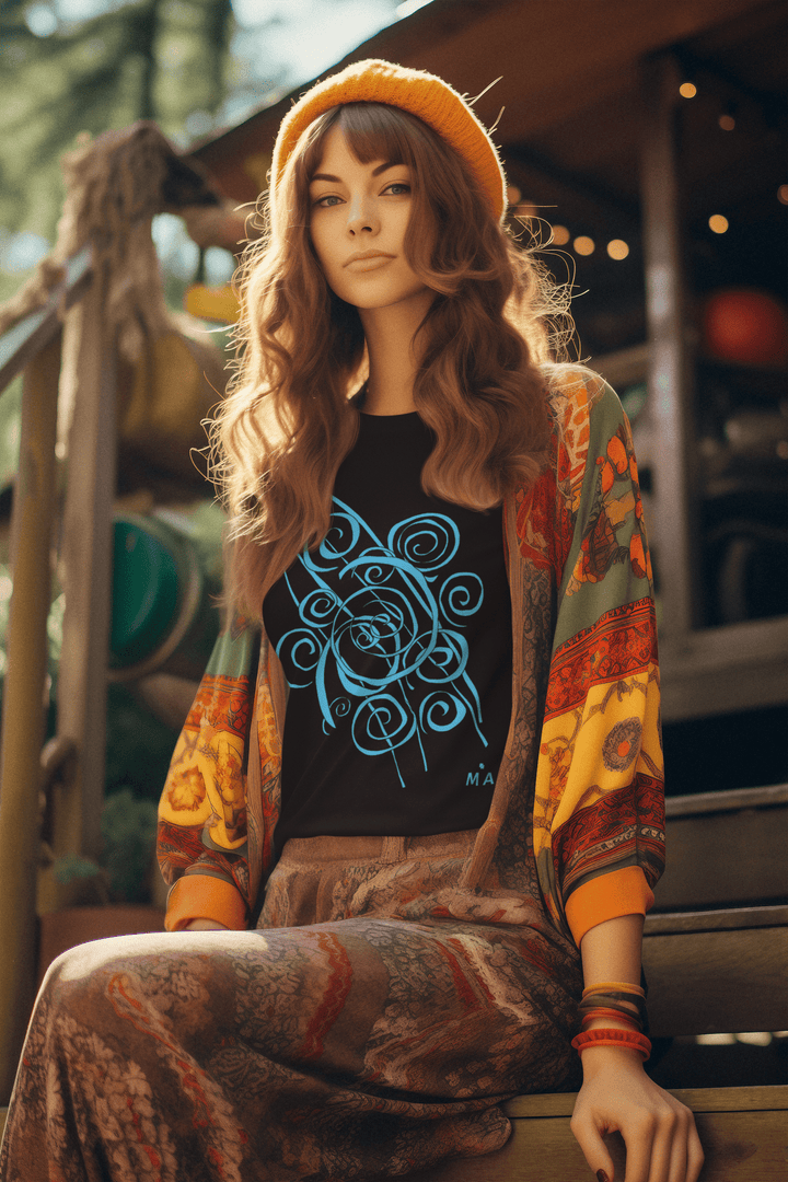 A woman with long wavy hair, in a yellow knit hat, patterned cardigan, and long skirt, sits calmly outdoors. She's wearing the Trend - Abstract T-Shirt by Miamiabstract.com, featuring a blue abstract swirl print.