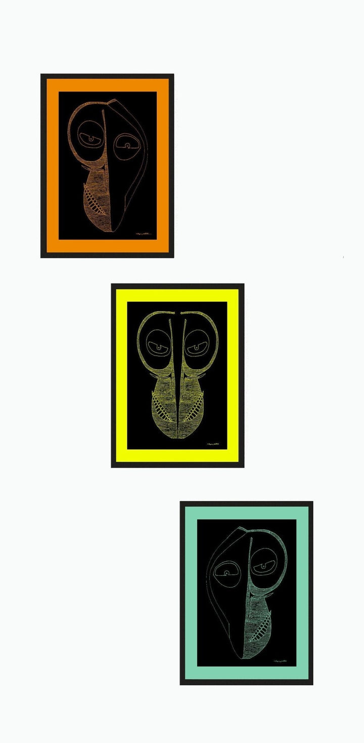 Abstract Wall Art - Minimalistic 3 panel Abstract Wall Art collage on canvas . Sidesmile 3 Print collage, Orange, Yellow Teal with Borders at Miami Abstract Inc.