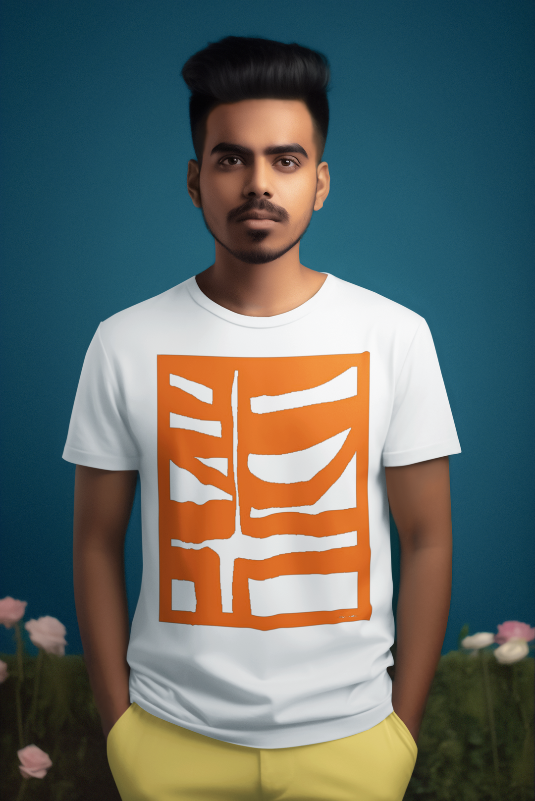 man wearing a abstract t shirt BI-500 in White