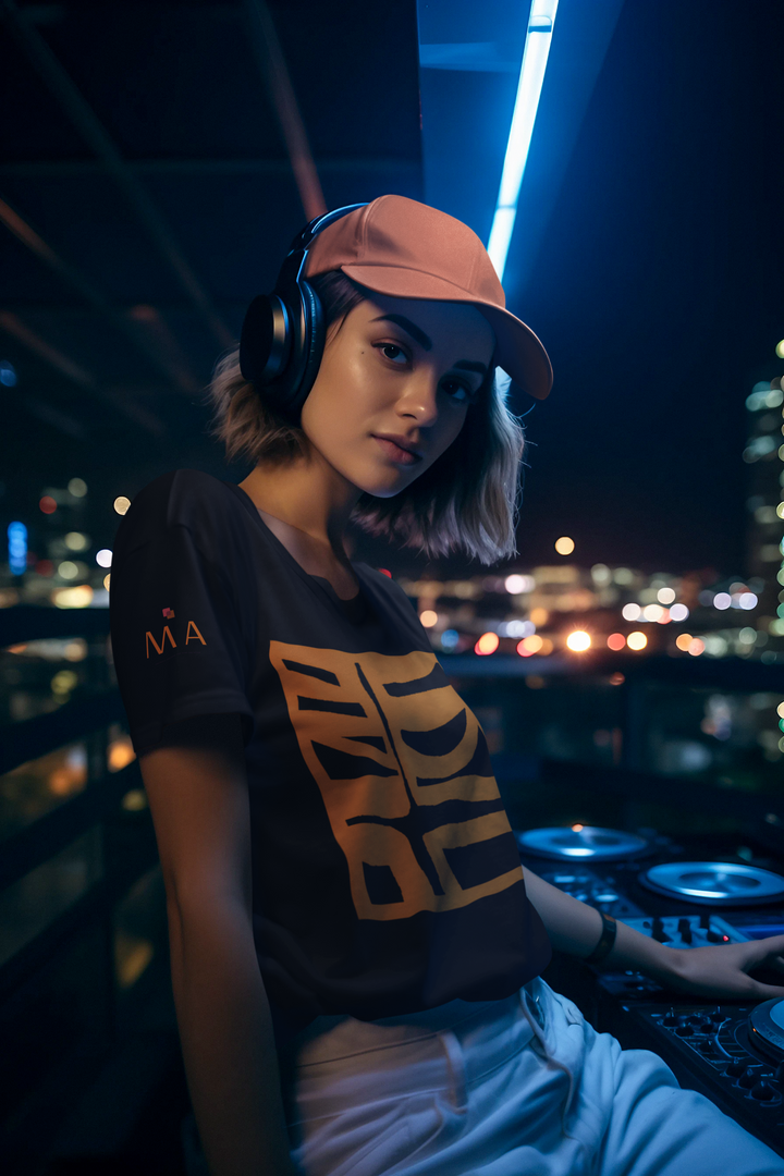 Female DJ playing in a nightclub wearing Abstract t-shirt BI-500 in Black