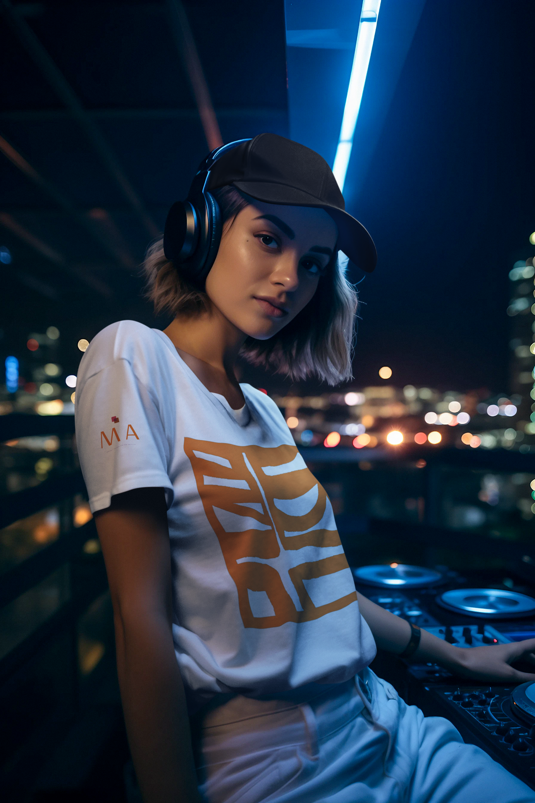 Female DJ playing in a nightclub wearing minimalistic t-shirt BI-500 in Orange