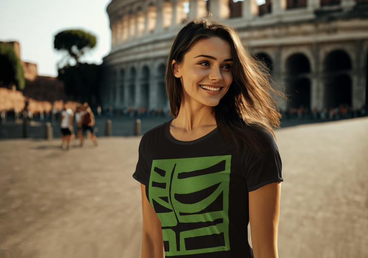 woman wearing a minimalistic  t-shirt BI-500 in green in front of the colosseum
