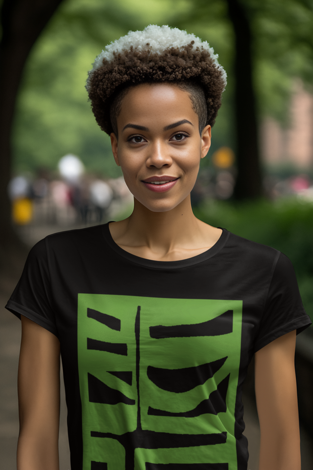 woman with an edgy haircut in central park wearing abstract t shirt BI 500 in green