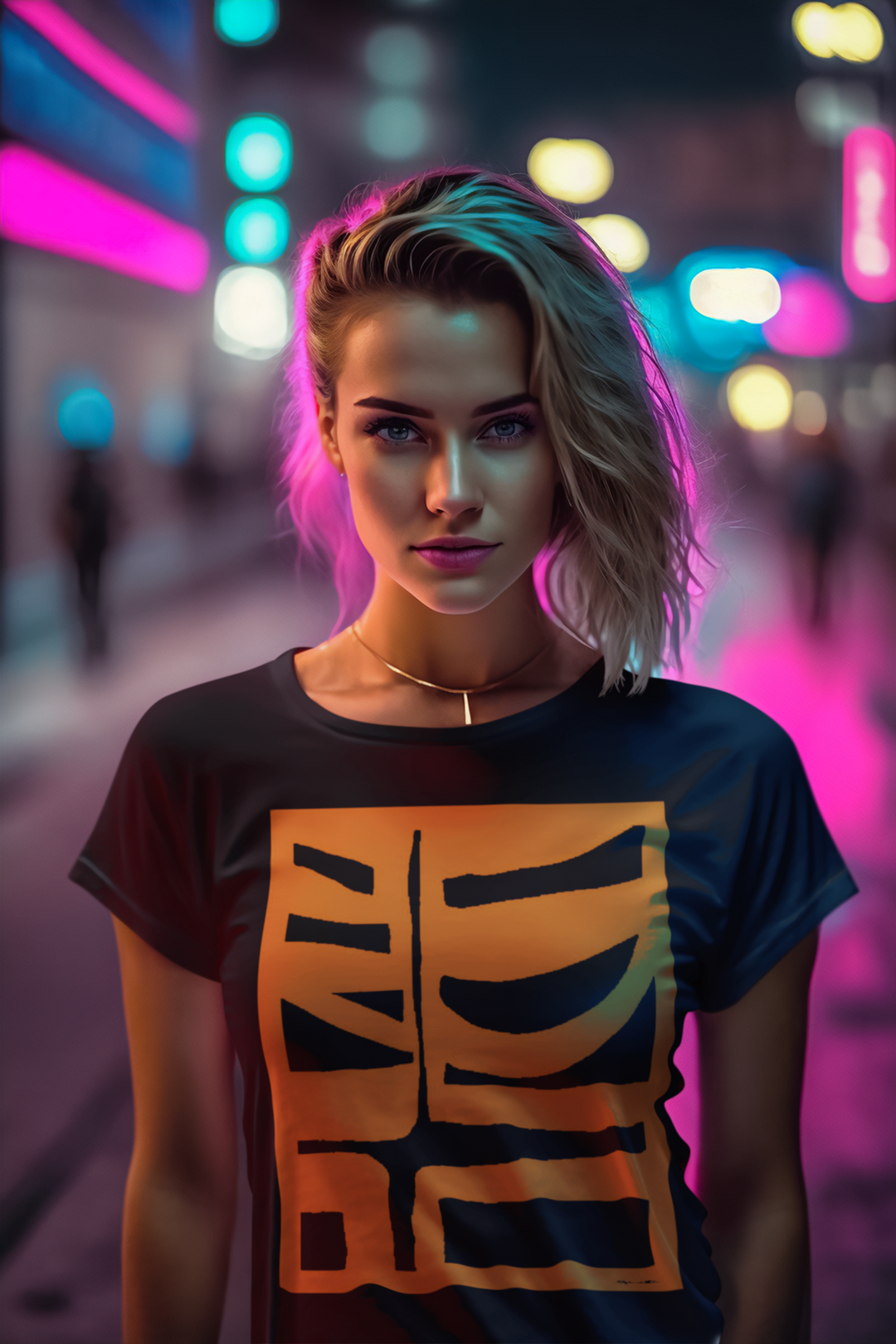 woman wearing a abstract t-shirt BI-500 in orange at night in the city with lights