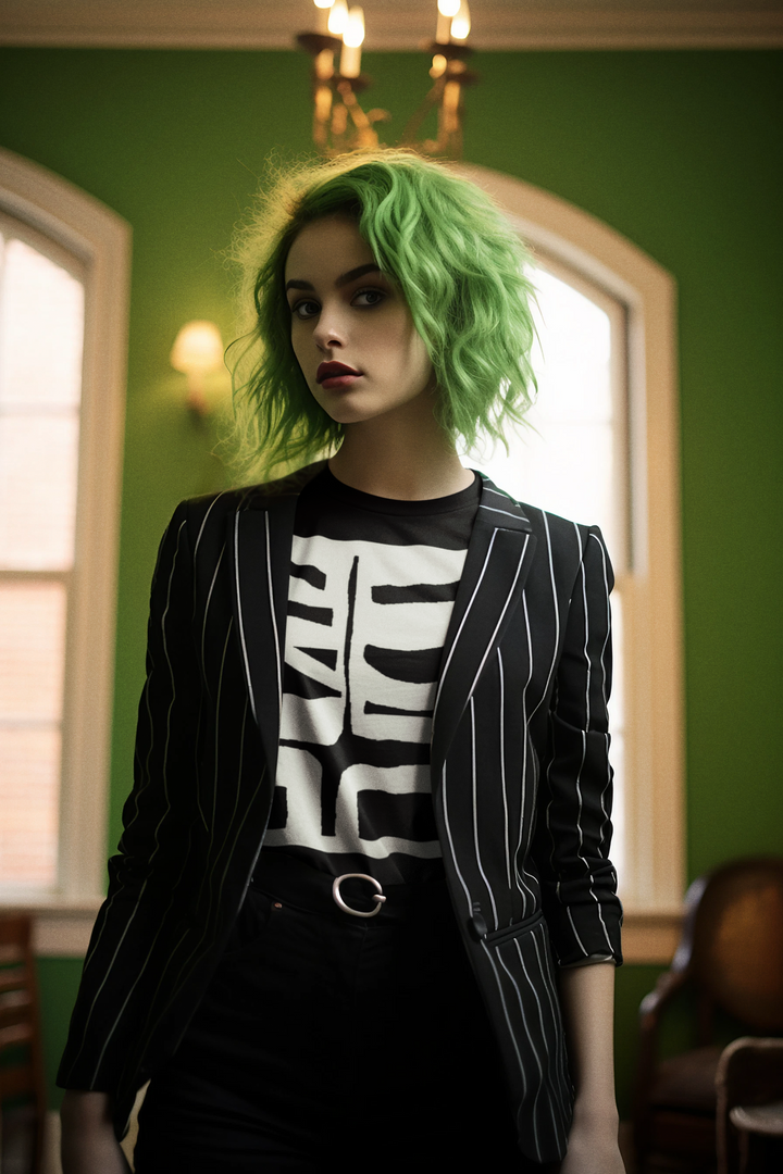 woman with an edgy green color haircut wearing abstract t shirt BI 500 in white