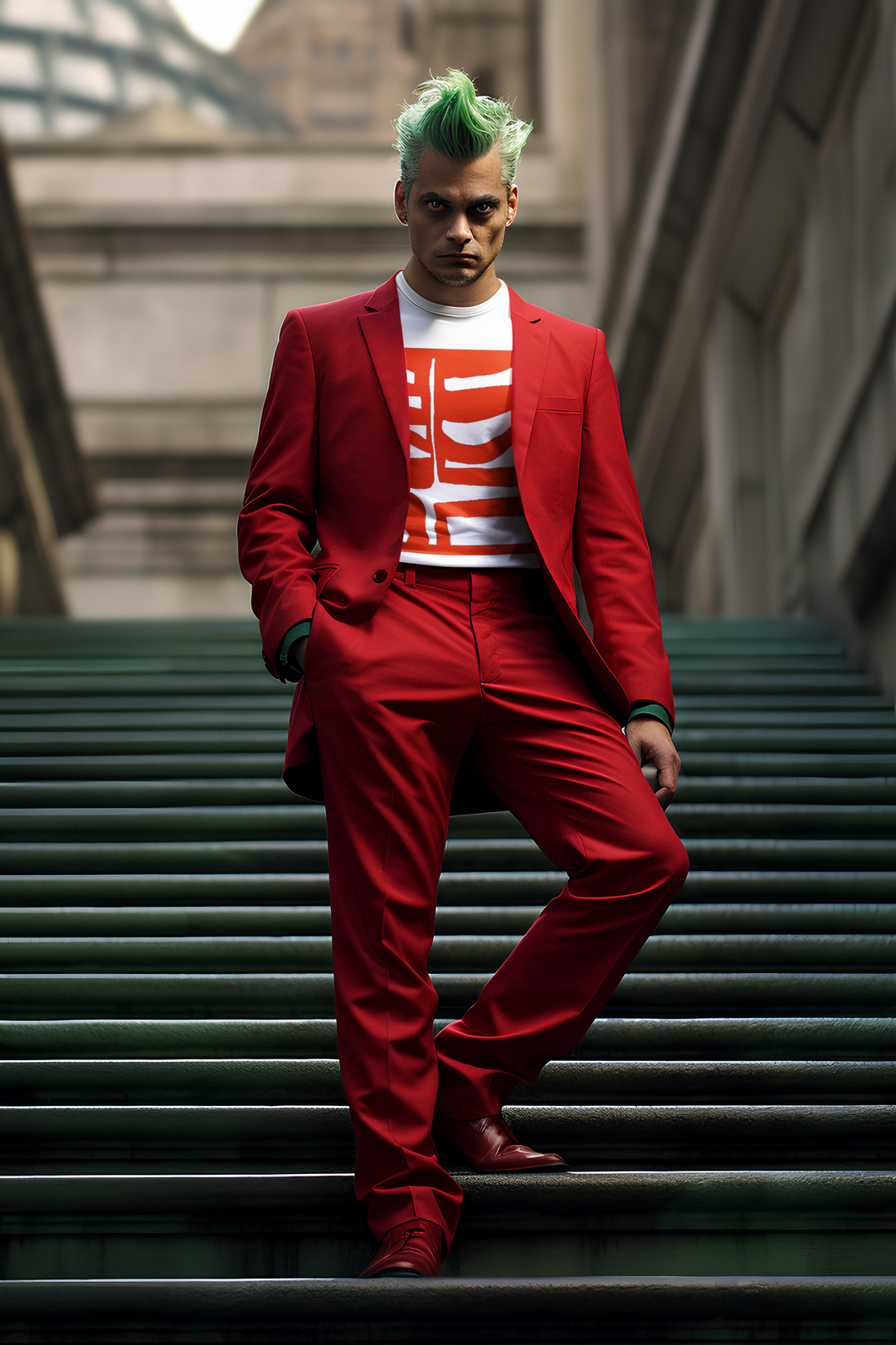 joker inspired man wearing abstract t shirt BI 500 in Red 