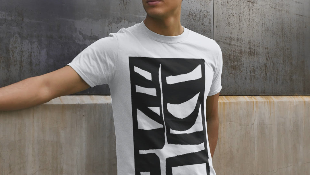 Video of man wearing abstract black and white t-shirt