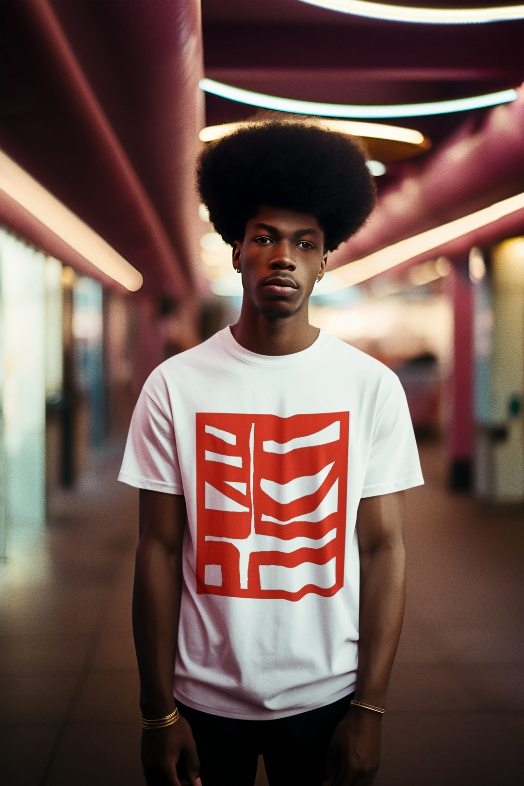 Man with afro hairstyle wearing Abstract t-Shirt BI-500 in Red