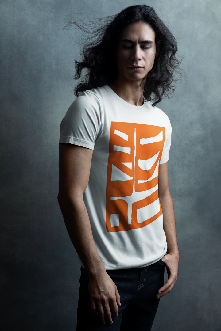 long haired male model wearing abstract t shirt BI 500 in Red 