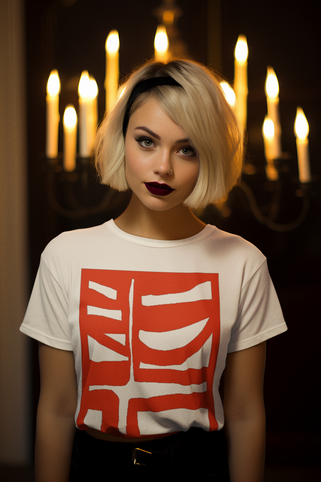 woman inspired by sabrina wearing abstract t shirt BI 500 in Red