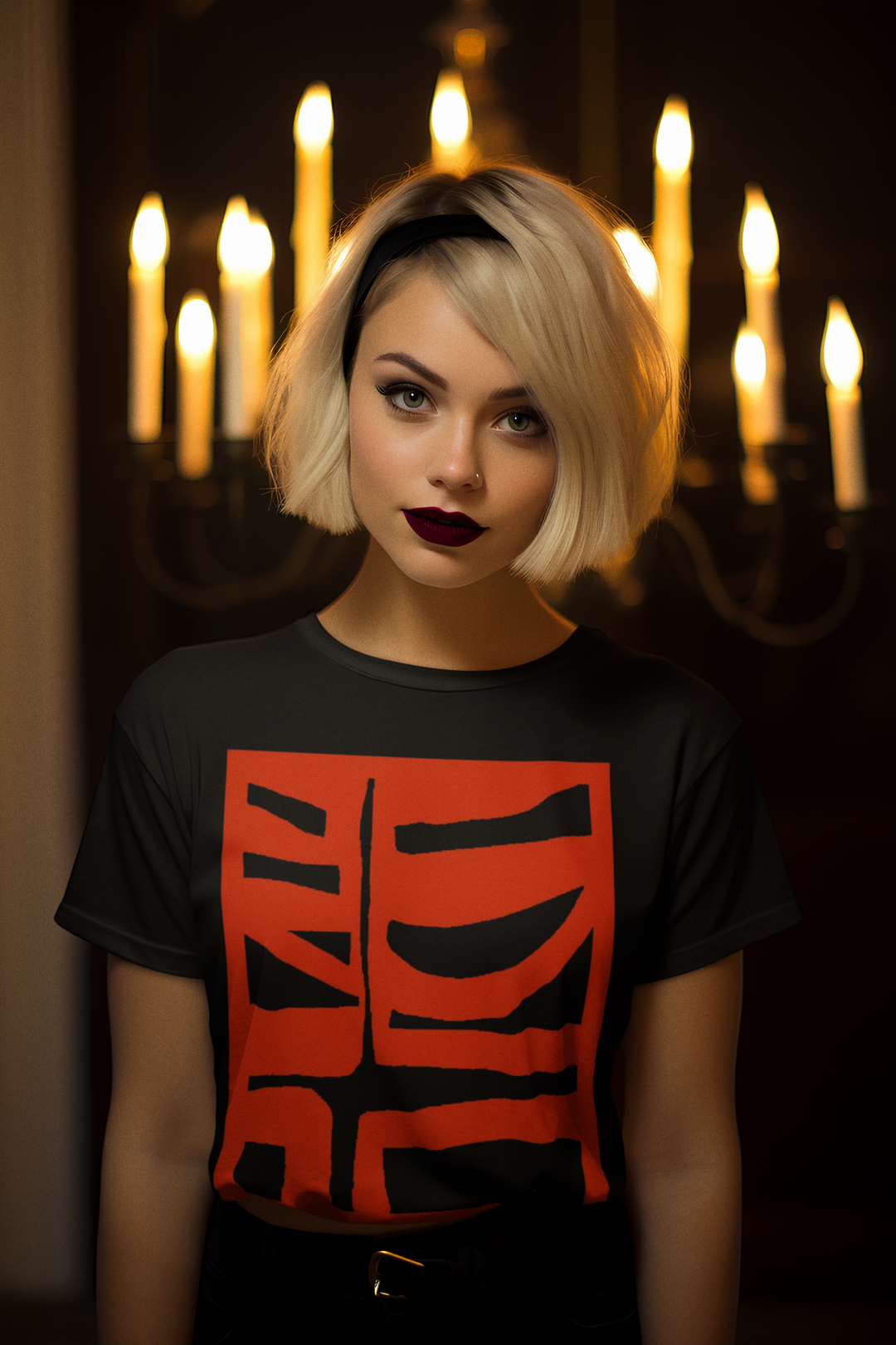 woman inspired by sabrina wearing abstract t shirt BI 500 in Red 