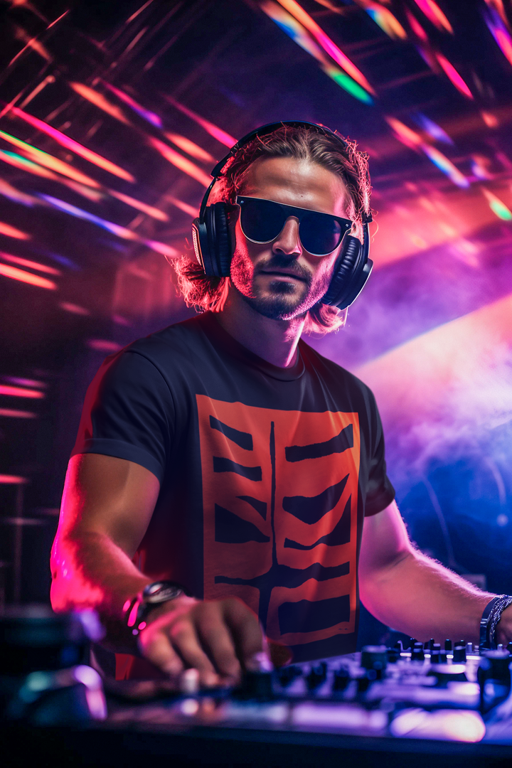 Male DJ playing in a nightclub wearing Abstract t-shirt BI-500 in Red