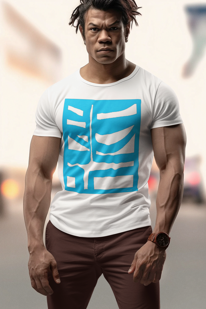 man inspired by akuma wearing abstract t shirt BI 500 in Blue