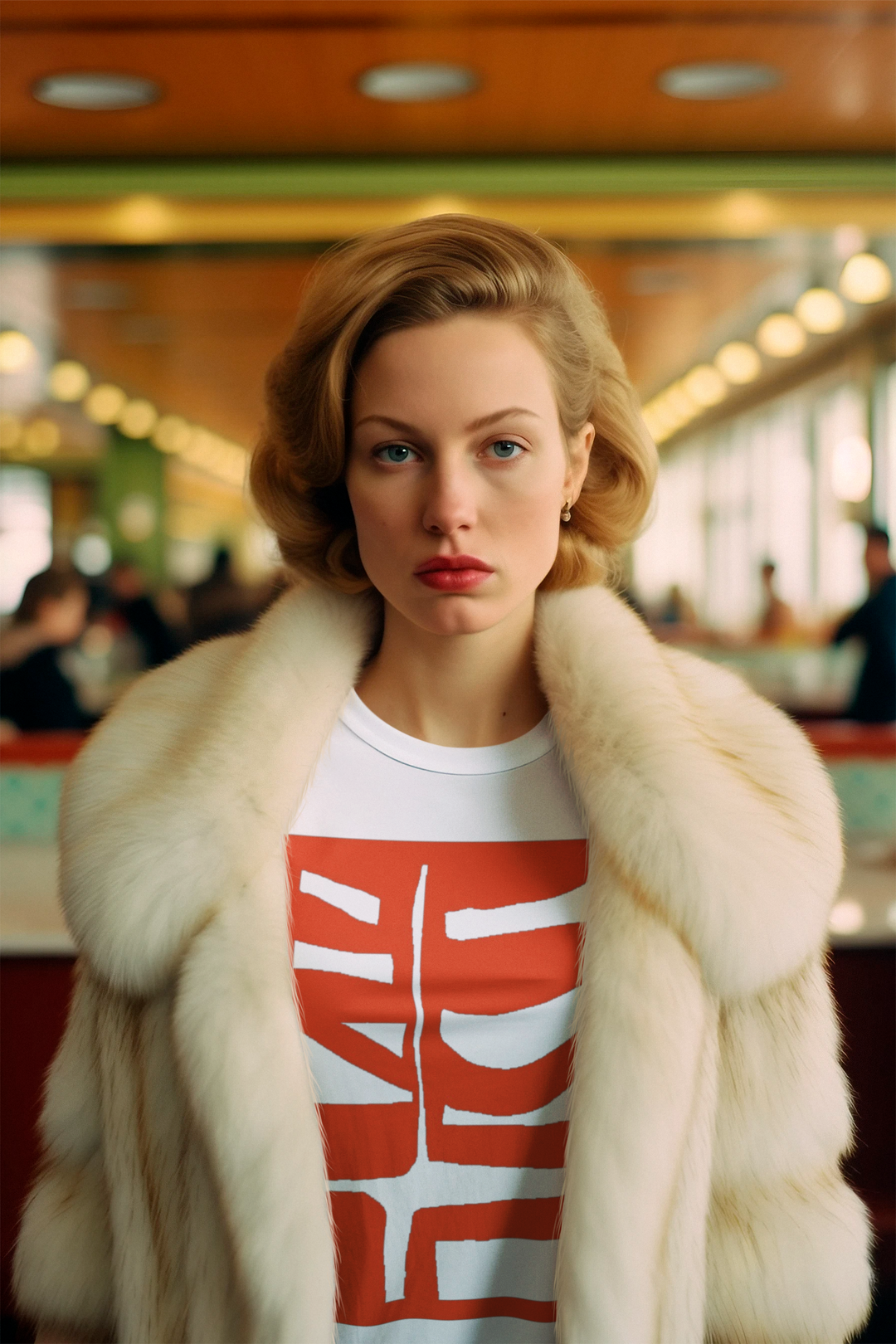 woman inspired by a wes anderson film wearing abstract t shirt BI 500 in Red