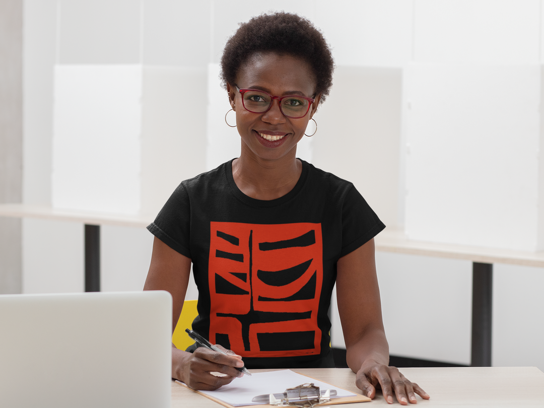 smiling woman taking notes wearing abstract t shirt BI 500 in Red 