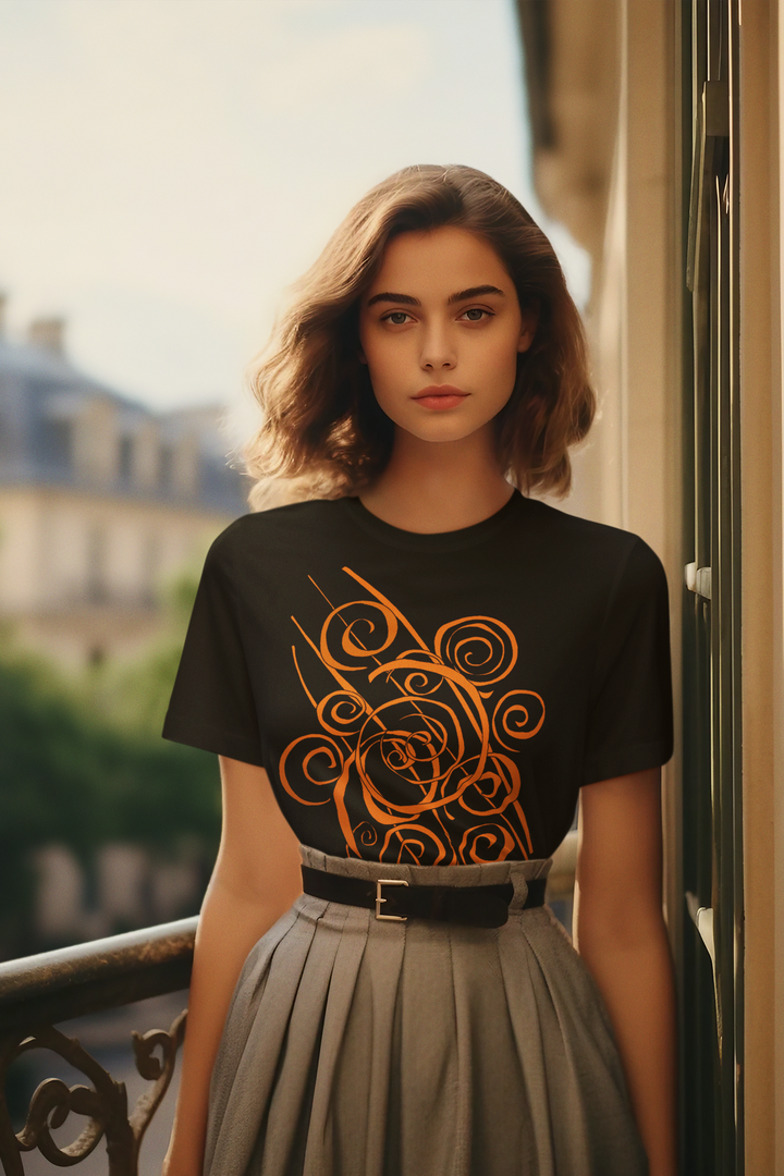 A young woman stands on a balcony wearing the Trend - Abstract T-Shirt from Miamiabstract.com, featuring an orange swirl design, paired with a high-waisted gray skirt. Blurred buildings and greenery are visible in the background.