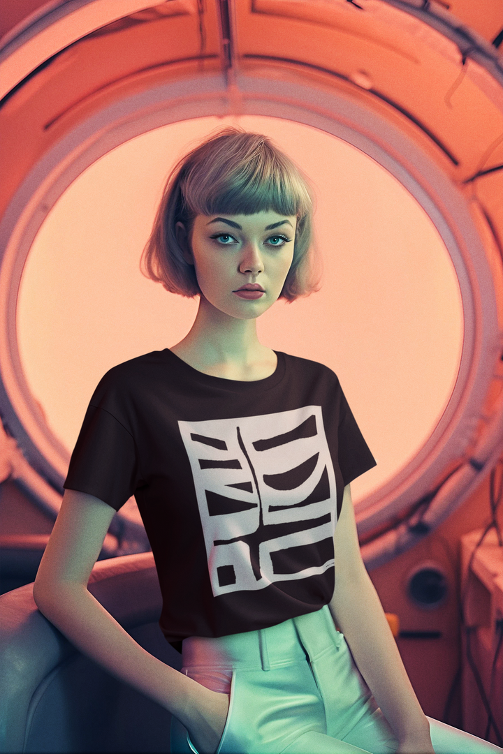 woman in a retro aesthetic wearing abstract t shirt BI 500 in pink
