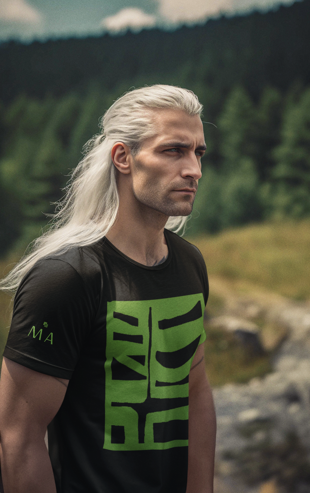 man wearing a abstract t shirt BI 500 in green in forest outdoors
